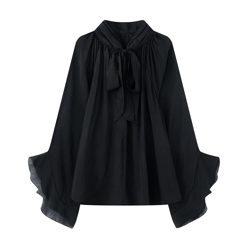 Perspective Women Shirt 2025 Autumn New Bow Tied Blouse Woman Tops Lady Ruffles Flare Sleeve Loose Elegant Blouses