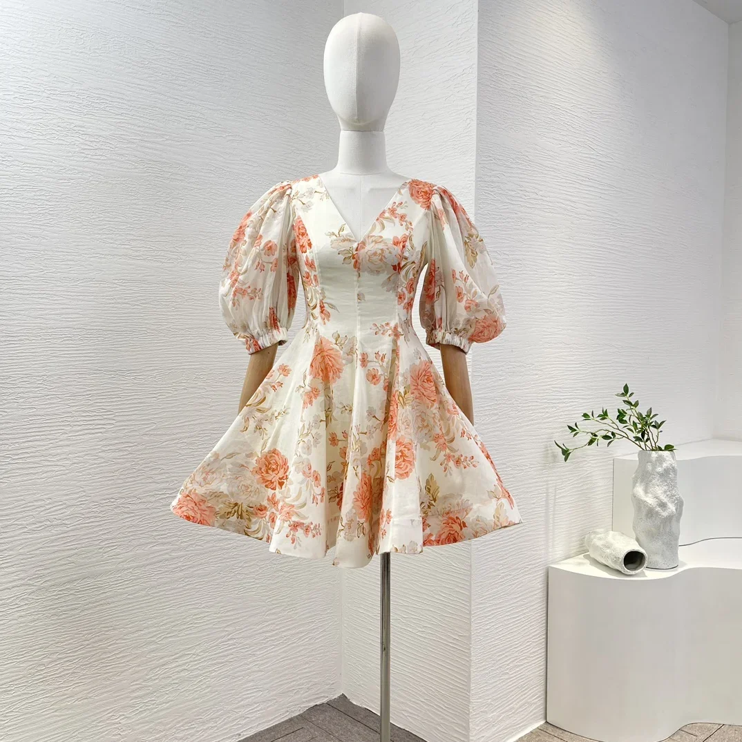 

Ramie New 2024 Vintage High Quality White Floral Print Short Lantern Sleeve A-line Mini Dress for Women