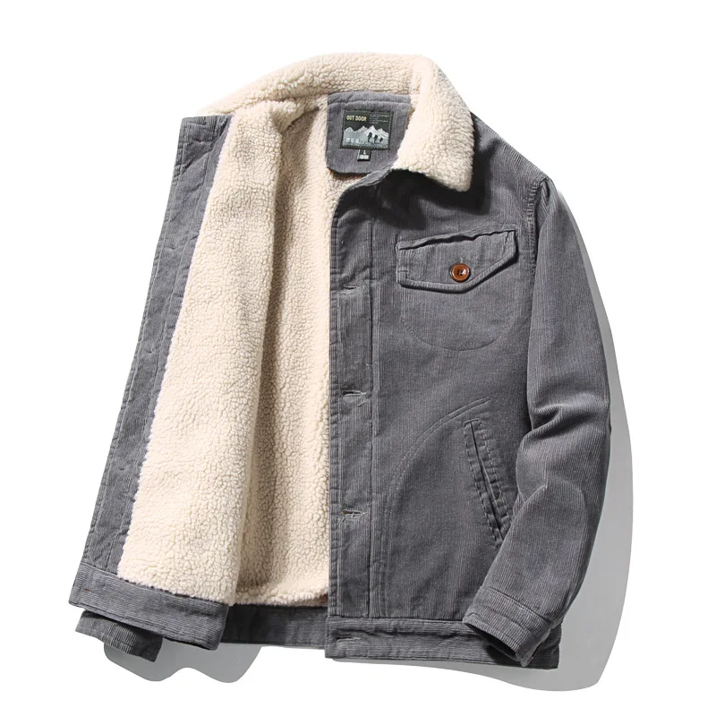 Corduroy Fleece Collar Warm Jacket Retro Single-breasted Solid Color Thickened Winter Jacket Men Plus Size Clothes Cargo Coats