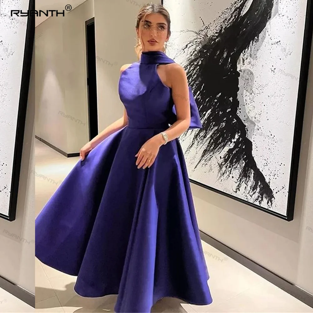 

Ryanth Halter Prom Dresses A-Line Tea Length Evening Dress Sleeveless Celebrity Dress With Bows Stain vestido de festa 2024