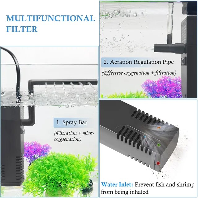 Turtle Tank Filter Low Level Water Filter Submersible Water Filter Pump Aquarium Built-in Recirculating Oxygen Increasing Pump 6