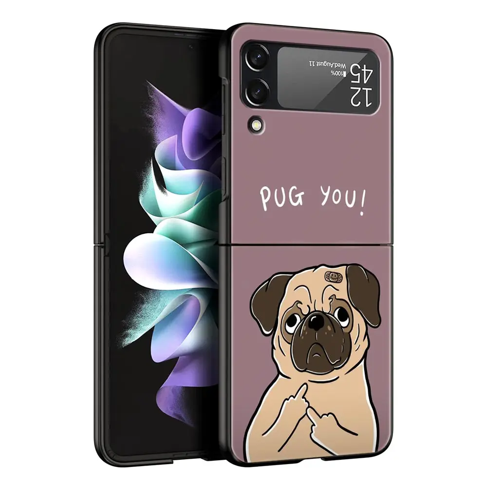 Folding Black Shell Phone Case with Cute Pug Design - PC Hard Cover