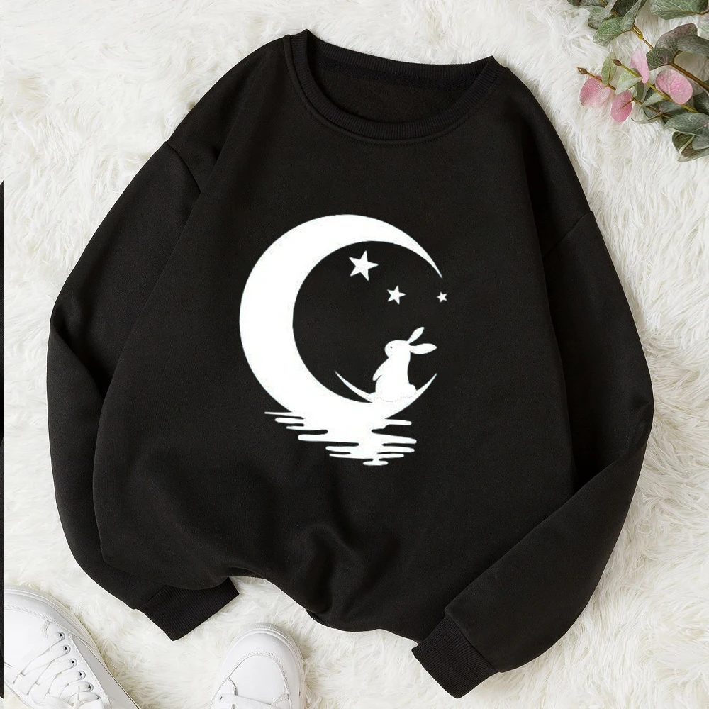 

2023 Harajuku The Moon and the Rabbit Printed Hoodies Women Hooded Sweatshirt Autumn Winter Pullover Streetwear