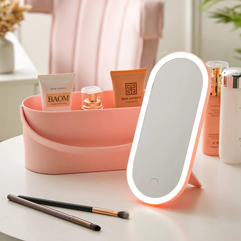 【Breeins】Portable Vanity Travel Makeup Box with LED Lighted Mirror, Pink / White