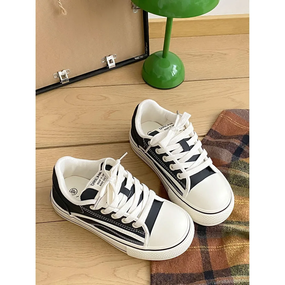 Thick Soled Leather Women Canvas Shoes 2024 New Spring Women Casual Board Shoes Instagram Trend Top Women's Shoes 24-173