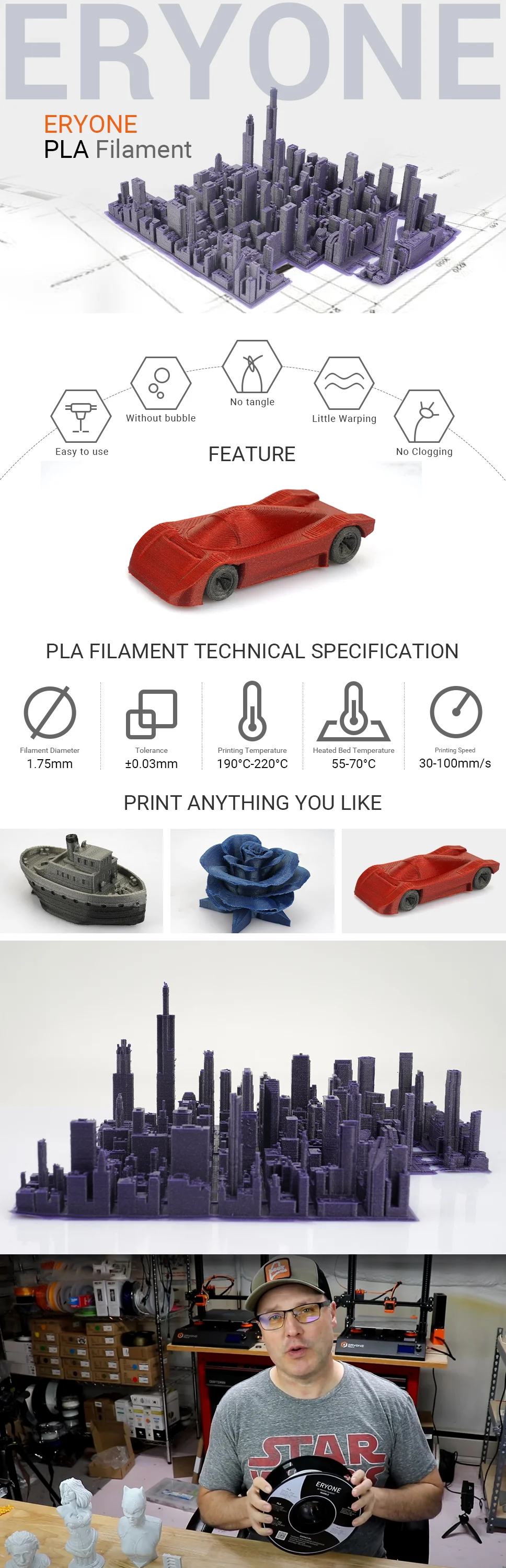 ERYONE 3KG PLA Filament 1,75mm, Standardqualität mit Hoher Zähigkeit, Geringer Verformung, Hervorragende Druckqualität, 1kg Spule – Detail 10