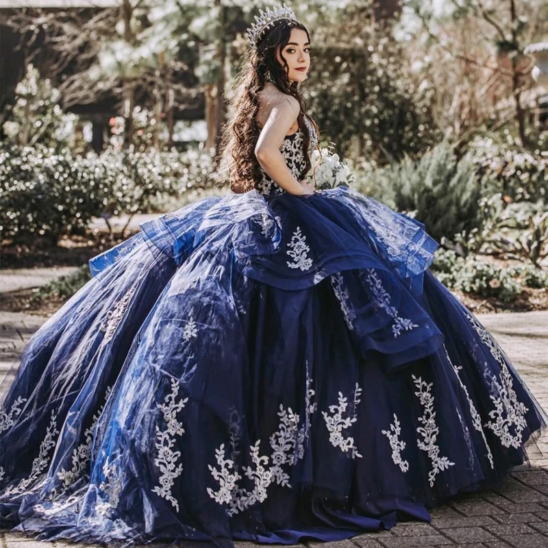 

Navy Blue Ball Gown Quinceanera Dresses Formal Prom Graduation Gowns Lace Up Princess Sweet 15 16 Dress Off The Shoulder
