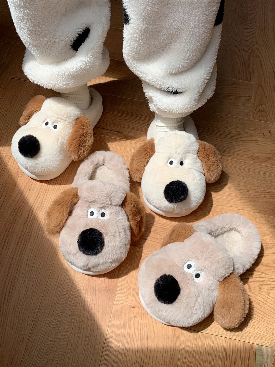 Cute Puppy Cotton Slippers For Men And Women Plush Home Slipper Interior Insulation Ins Cartoon Palm Dog Parent-child Slippers