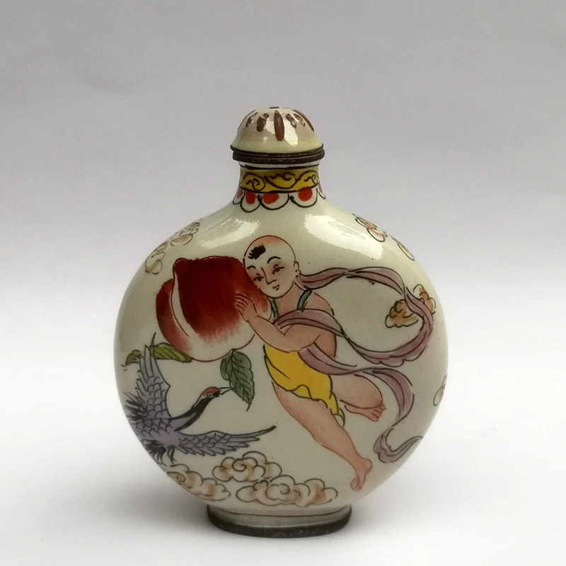 

Wonderful Collection Old China Cloisonne Painting Crane Peach Boy Snuff Bottle