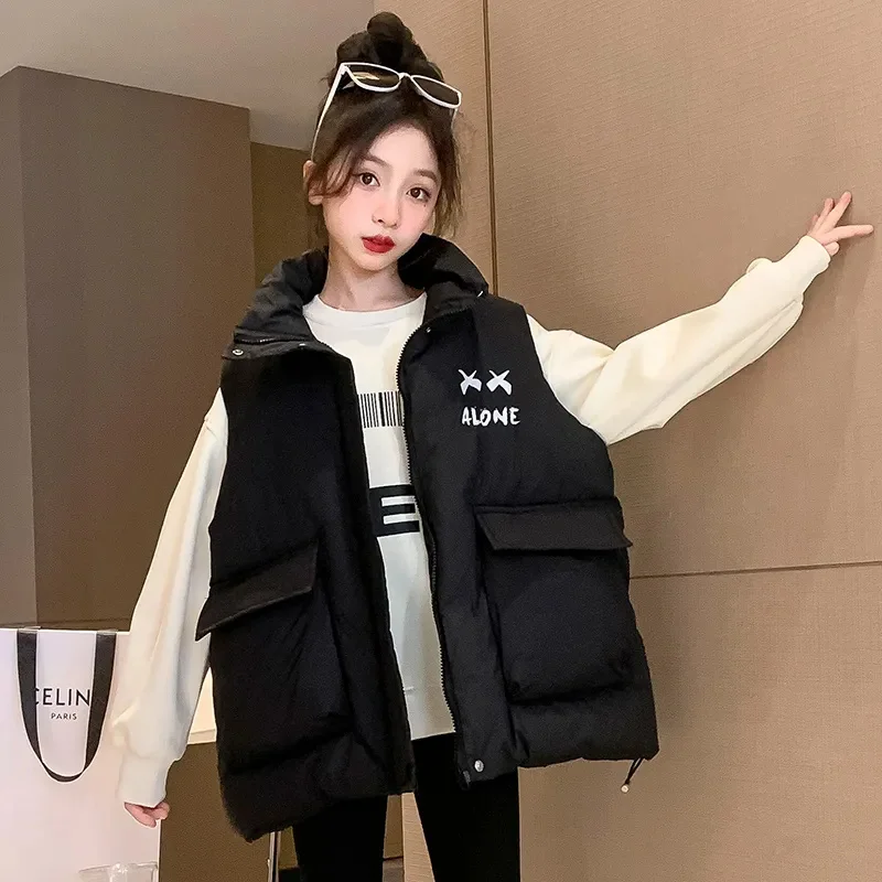 

Casual Winter Sleeveless Vests for Girls Stand Collar Zipper Padded Puff Cotton Jacket Coat Loose Waistcoat Outerwear CH140
