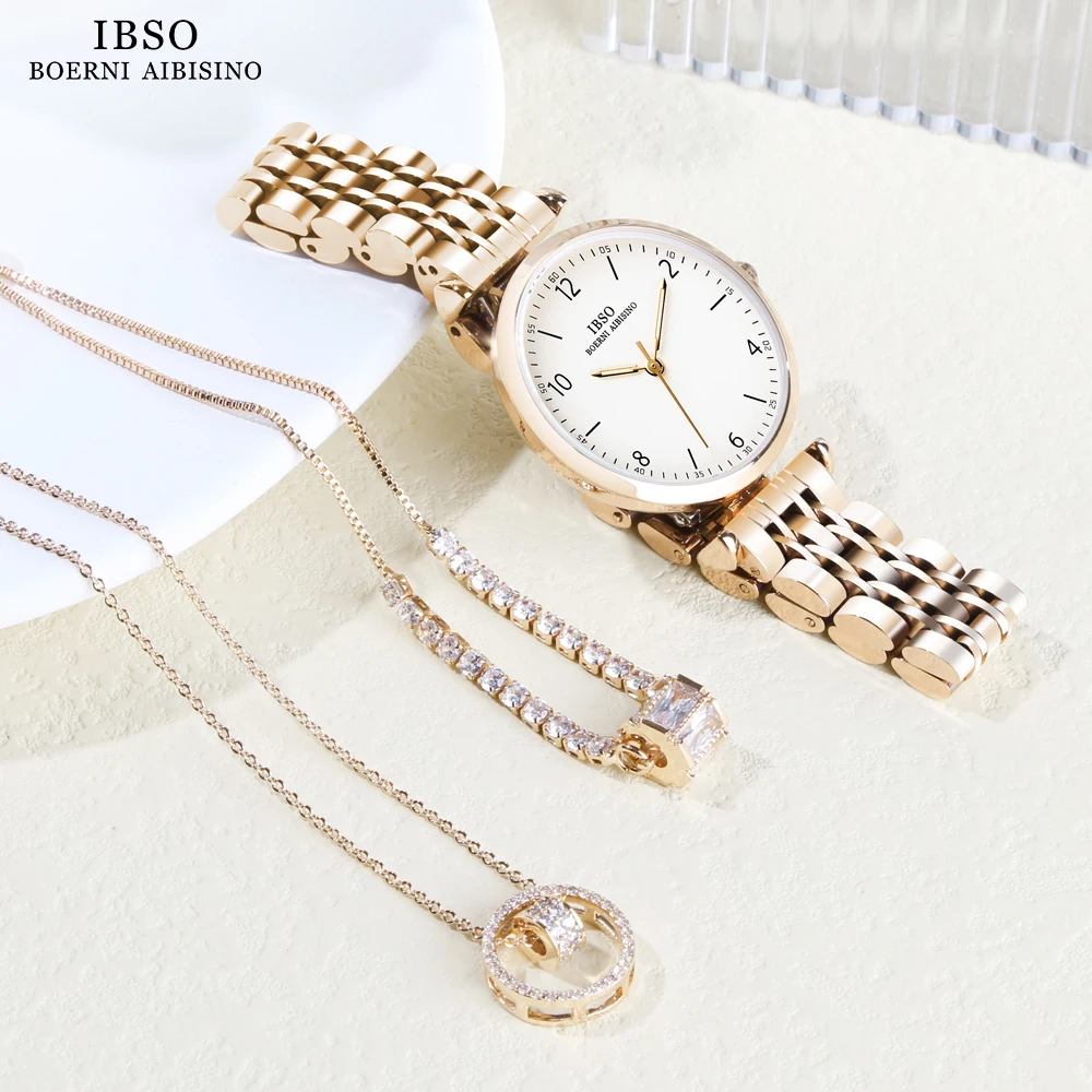 IBSO New Women Quartz Watch Set Luminous Zircon Dial Necklace Bracelet Jewelry Set Watch Ladies 3ATM Waterproof  Stainless Steel
