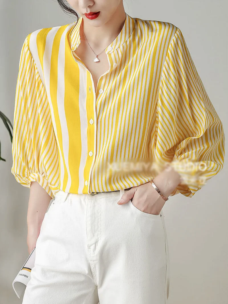 

2023 New chiffon Shirt Women's Korean Style Loose Yellow tops mujer Three-Quarter Sleeve Summer Striped Shirt Women's