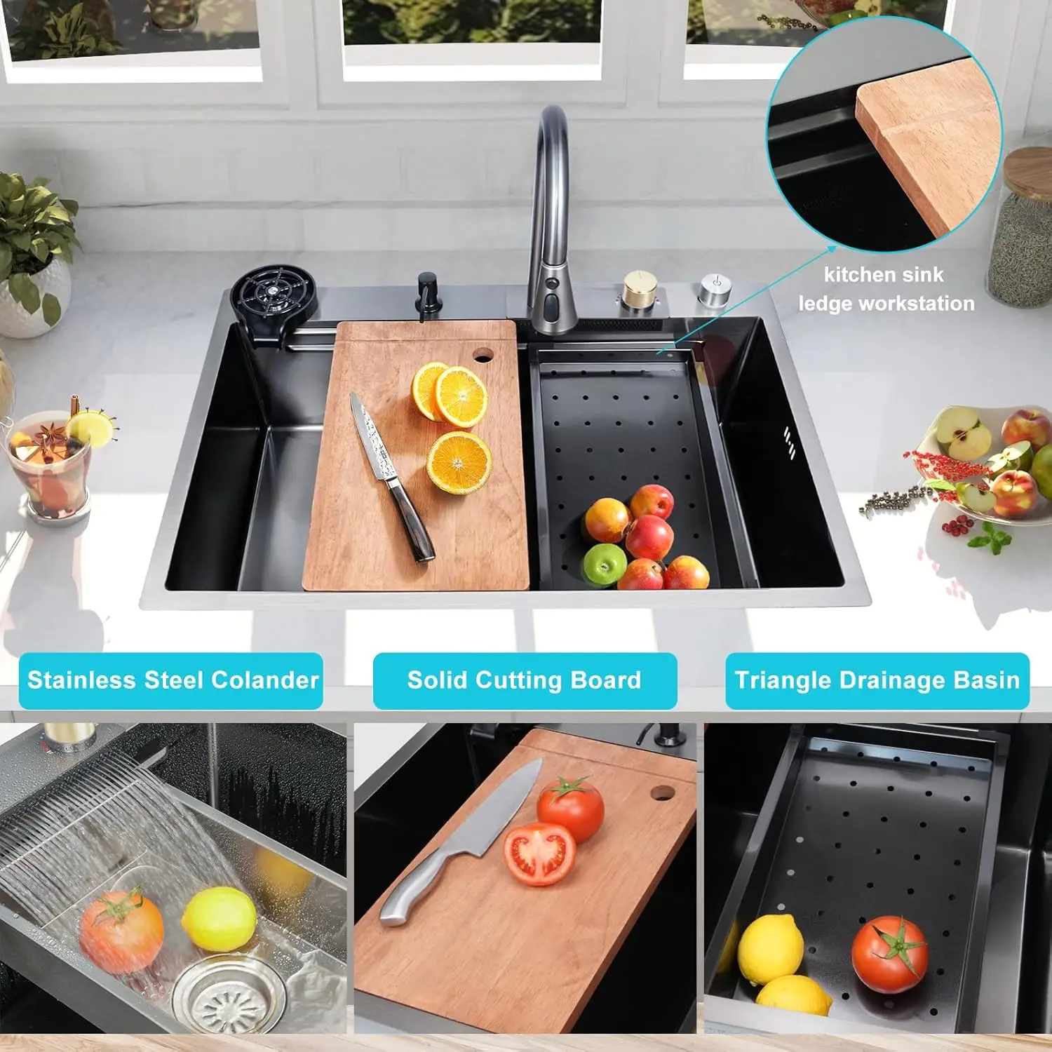 Waterfall Kitchen Sink,33x22 Single Bowl Stainless Steel Kitchen Sink, Drop-in Kitchen Sink With Multifunction Pull-out Faucet 4