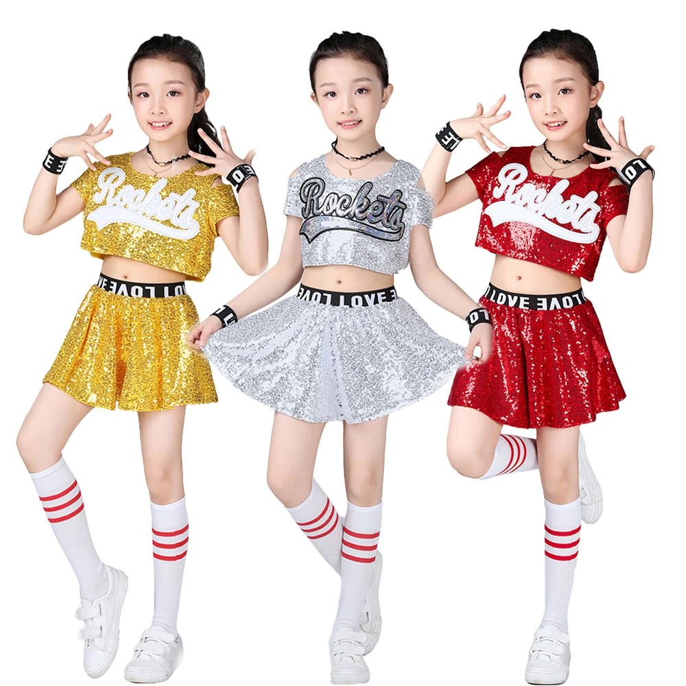 

LOLANTA 5Pcs Kids Girls Boys Sequin Uniforms Outfit Cheerleader Clothing Crop Top & Skirt/ Shorts Set Street Dance Jazz Costumes