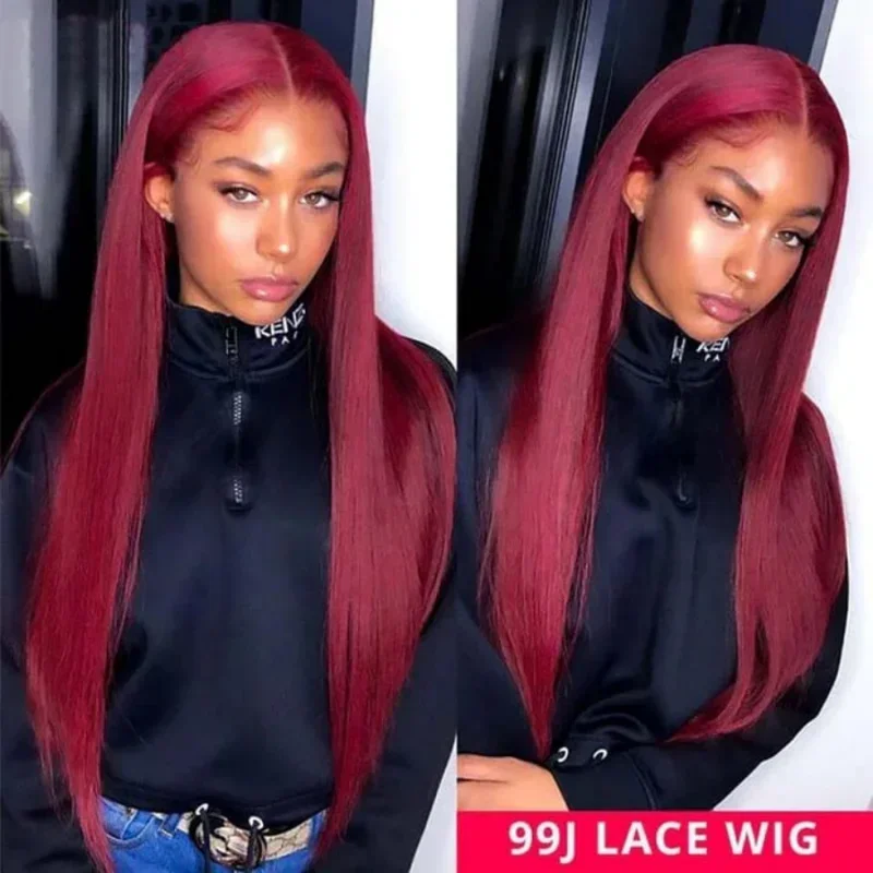 99j Straight Lace Frontal Wig Burgundy 13x6 HD Lace Frontal Human Hair Wig Pre Plucked 99J Colored Human Hair 200% Density