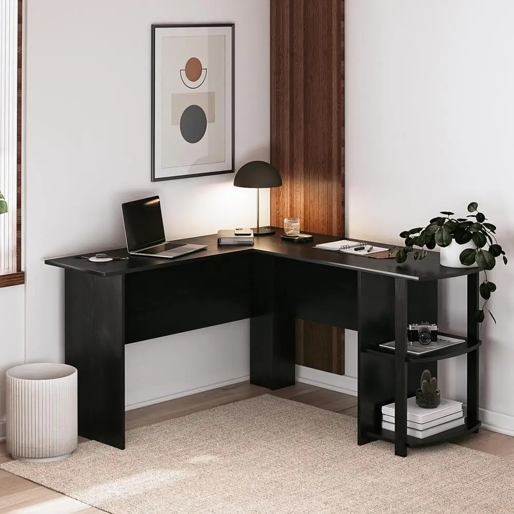 L Shaped Computer Desk with Open Shelves Corner Design Space Saving Furniture Home Office Organization 2