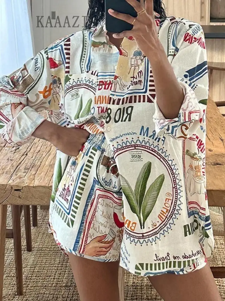

POKIHA Women Loose Drawstring Short Pants Printed Graphic Long Sleeve Shirt Casual Ladies Blouse Two Piece Set Party Vacation