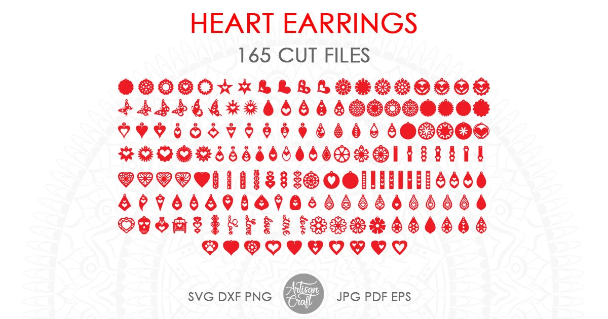 Heart Earrings Set of 165 Laser Files for Cutting SVG DXF DWG CDR and Digital Multilayer Layout Files Laser Engraving Wood Boring Machinery