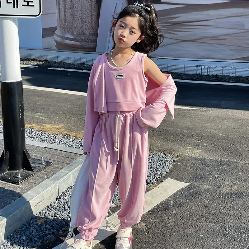 

Girls' Long sleeved Knitted Set 2024 Spring New Children's Wear Three piece Set Cardigan+Tank Top+Pants