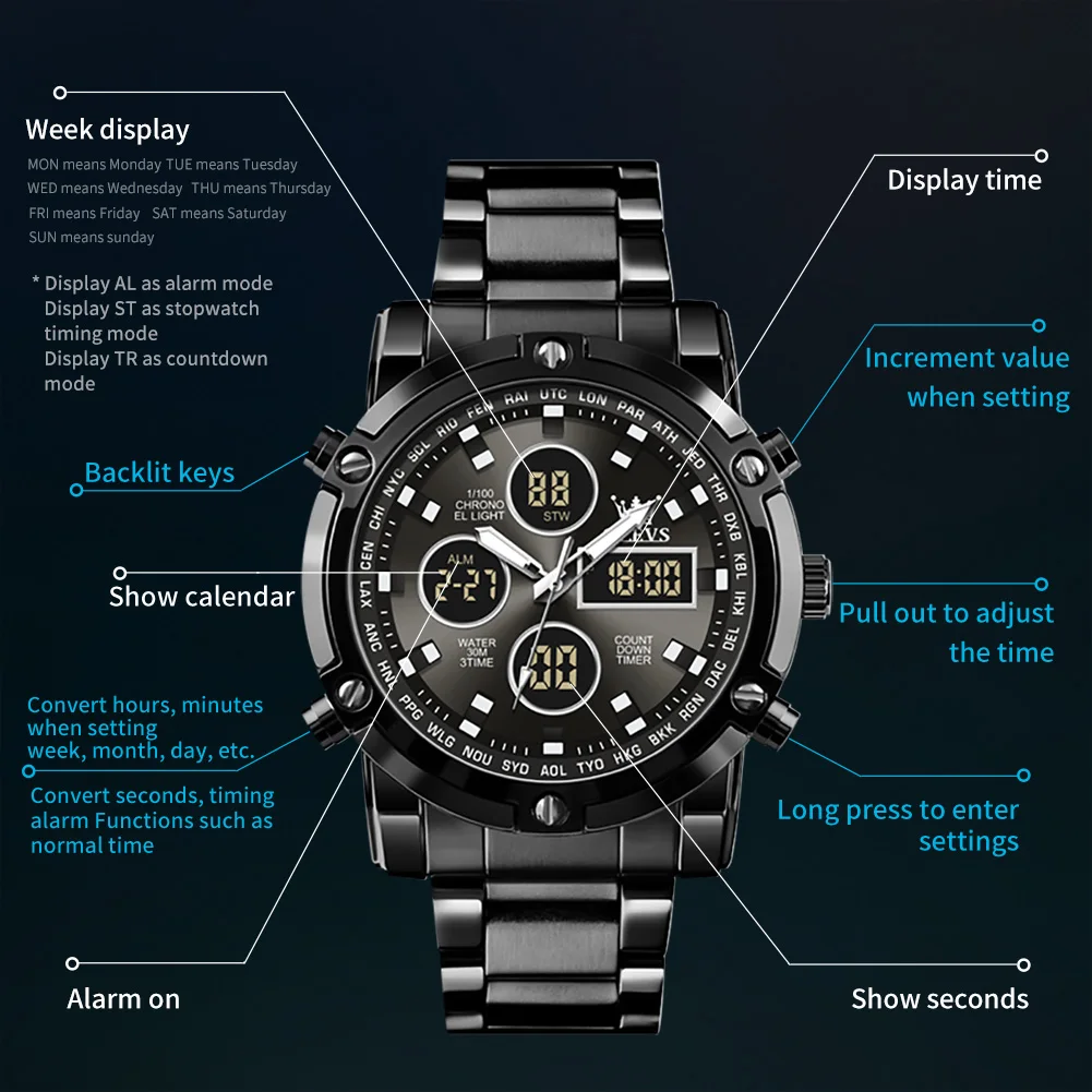 OLEVS-Relógio masculino impermeável de aço inoxidável, eletrônico, moderno, multifuncional, LED luminoso, marca original, moda