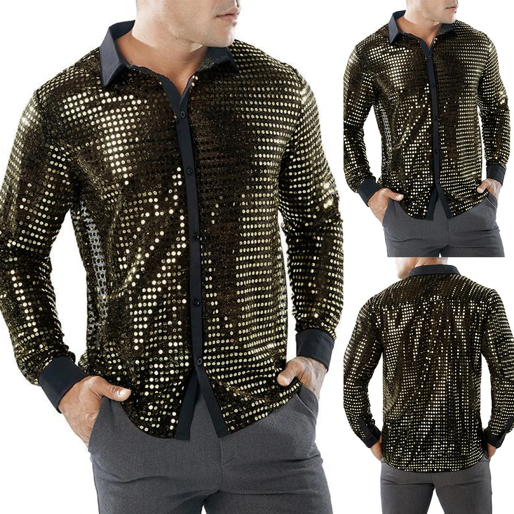 Men's Sparkly Sequins Shirts Long Sleeve Lapel Collar Party Dance Retro 70s Disco Nightclub Bling Tops Male Shirt