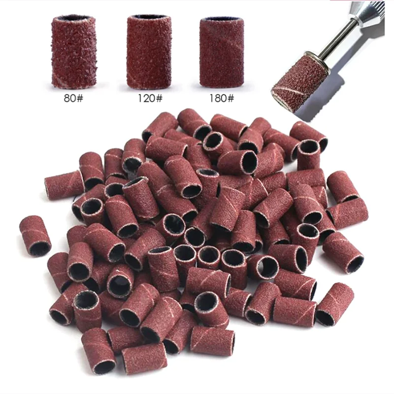 100/50pc Sanding Cap Bands For Electric Manicure Machine 180/120/80 Grit Nail Drill Grinding Bit Files Pedicure Tool Set BEND261