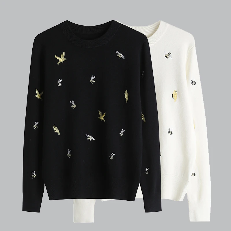 

Korean Fashion Bee Embroidery Sweater Women Knitted Pullovers Vintage Long Sleeve Crop Tops Female Chic Knitwear Mujer jumper