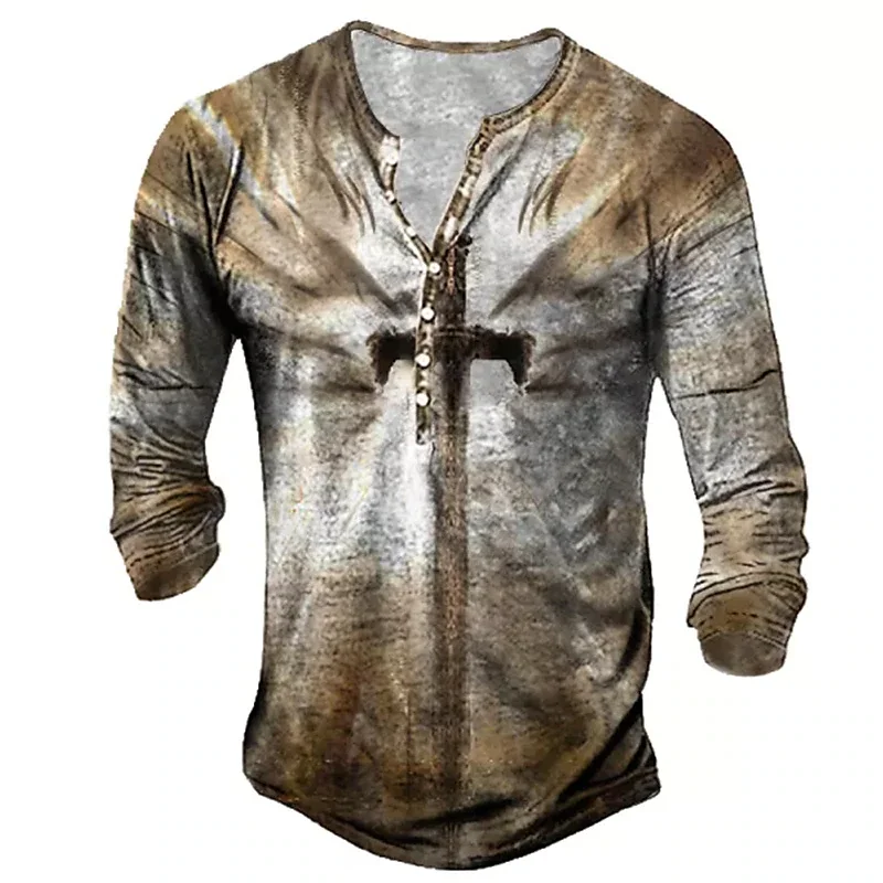 

Vintage Cotton Men's T-Shirts Jesus 3D Printed Cross Long Sleeve Casual Henley Shirt Oversized Clothing Tops Tee Shirt Man Punk