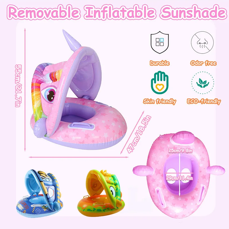 Baby Unicorn Swimming Float Ring Inflatable Infant Floating Removable Canopy Protection Sun Shelter Infant Summer Fun Pool Play Swimming Toys