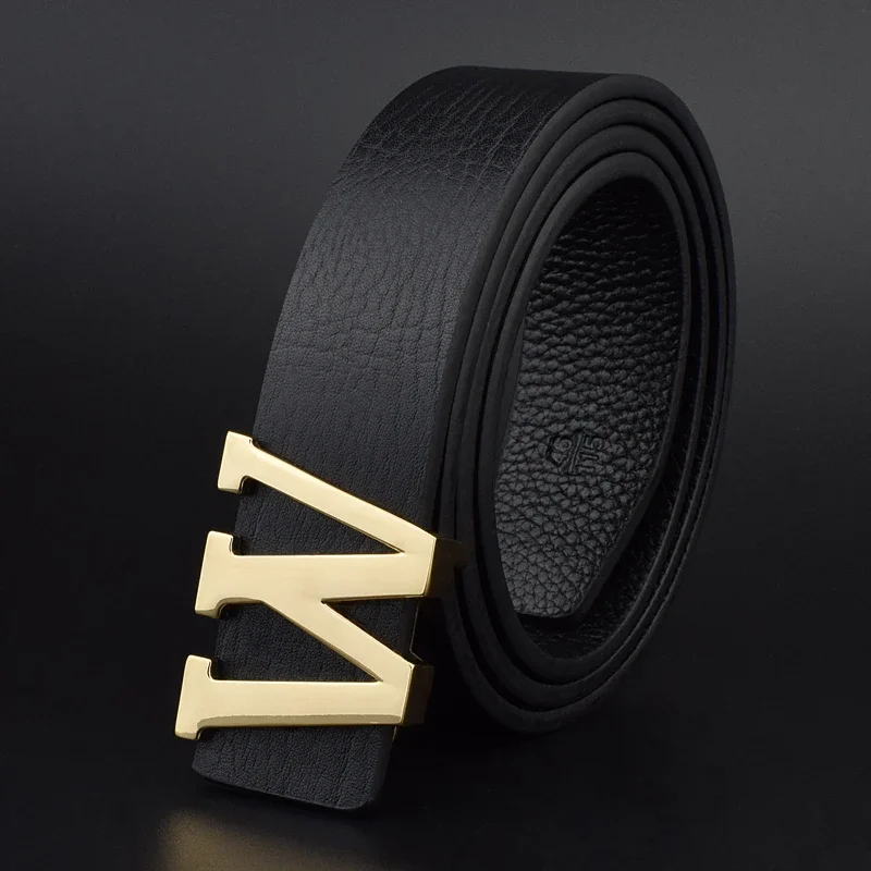 

men's belts luxury genuine leather brand Smooth buckle W letter gold Black famous Designer Cowskin Strap Wide Belt Luxe marque
