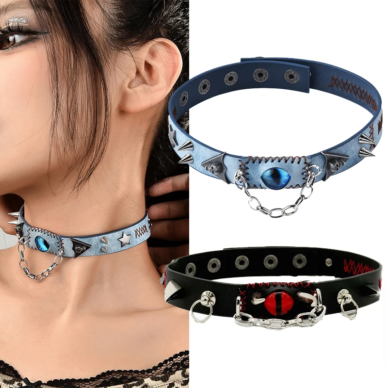 Steampunk Mädchen Leder Halskette Böse Augen Schlüsselbein Kette Halsband Halloween Anime Cosplay Dämon Niet Charms Kragen Punk Halsketten