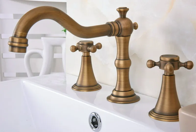 

Vintage Antique Brass 3 Hole Widespread Bathroom Basin Faucet Dual Handle Faucets Deck Mounted Vessel Sink Tub Mixer Taps Lan086