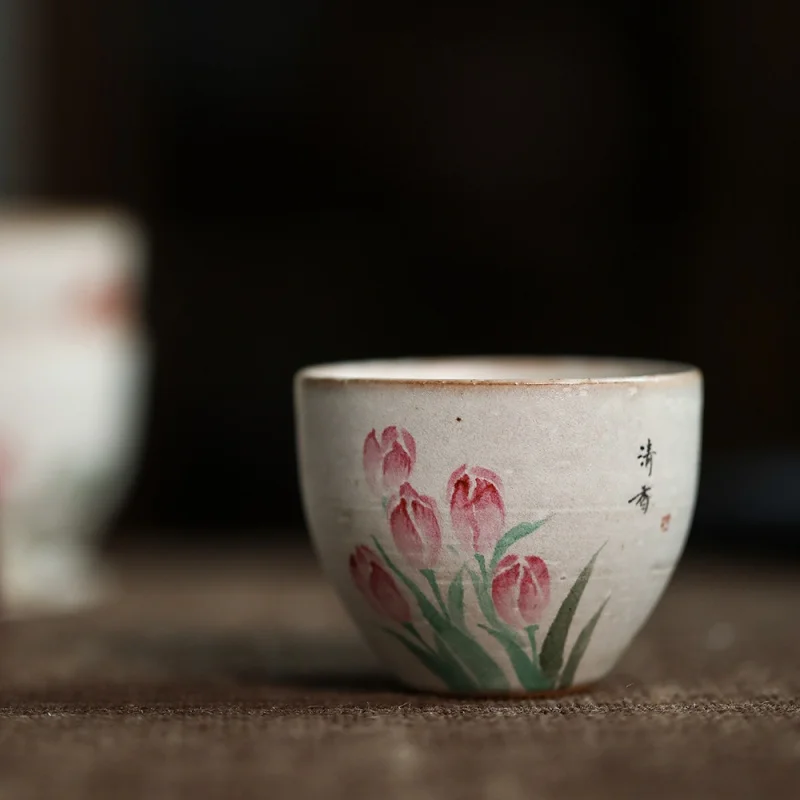 

(Chinese Rose Osmanthus Tulip) Mr. Qing Pink Hand-Painted Handmade Ceramic Fine Pen Realistic Technique Master Cup