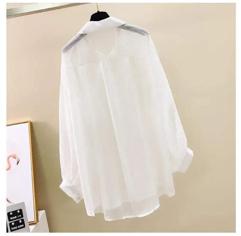 Blusa elegante de gasa transparente de manga larga con protección solar para mujer, estilo coreano, holgada, estilo cárdigan playero de verano.