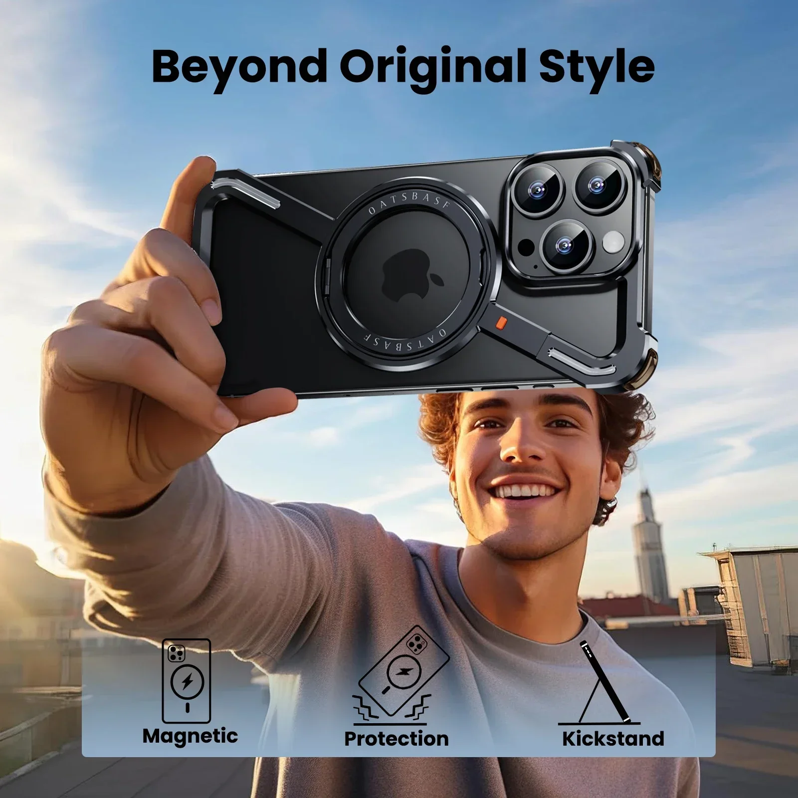 Oatsbasf Z Shape Metal Phone Case For iPhone15 /16 Pro Max Phone Protective Cover Shockproof Bumper w/360&deg; Rotation Holder