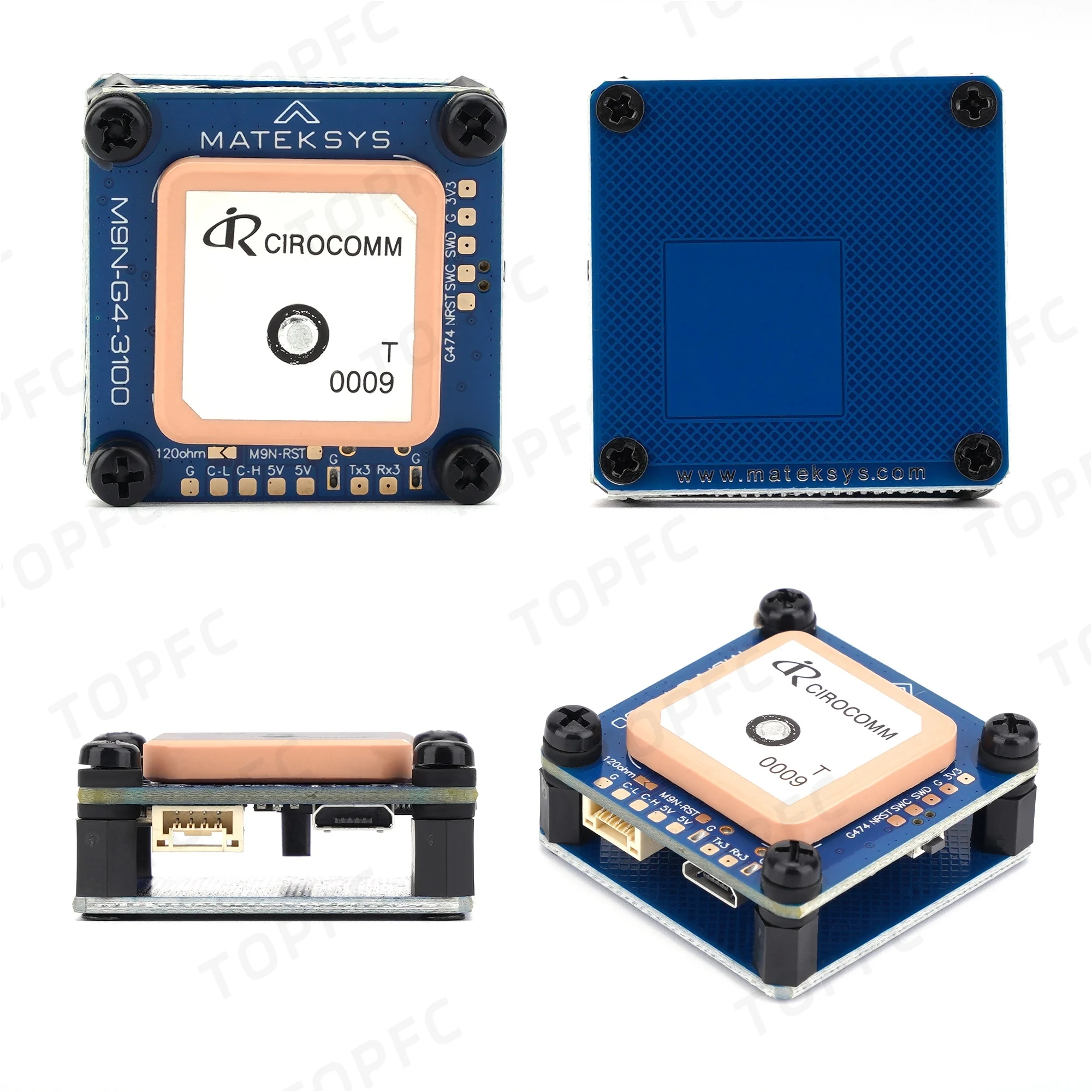 Gros plan sur le module GNSS M9N-G4-3100 avec boussole RM3100 et interface CAN pour drone, avec le boîtier étanche ouvert.
