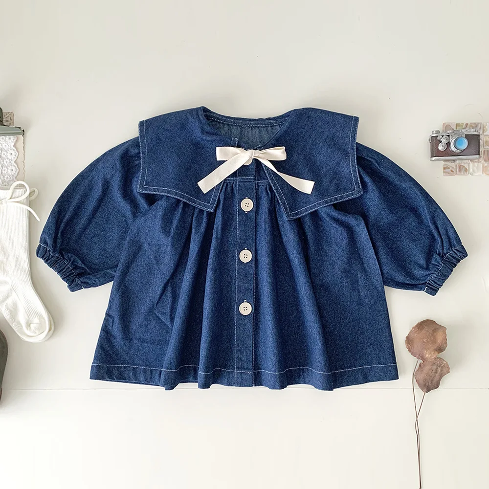 

Jenny&Dave Autumn and Winter Baby Girls Retro Navy Denim Windbreaker Women's Treasure Academy Style Contrast Denim Long Coat Gir