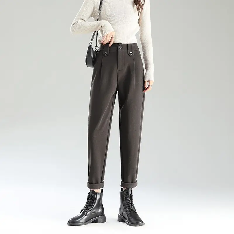 Autumn and Winter Women's Solid Color Straight Pipe Pants Slim Button Fashion Casual Formal Office Lady All Match Trousers