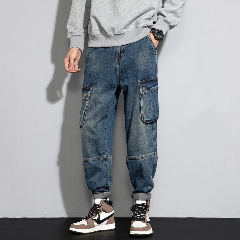 

Men Baggy Jeans Straight Cargo Pants Large Pocket Fashion Vintage Blue Denim Trousers Casual Oversized Bottoms Male Y2K Clothes