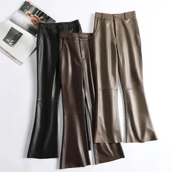 Women's Big Size Leather Pants Soft Genuine Sheepskin Casual Flared Trousers for Spring Autumn