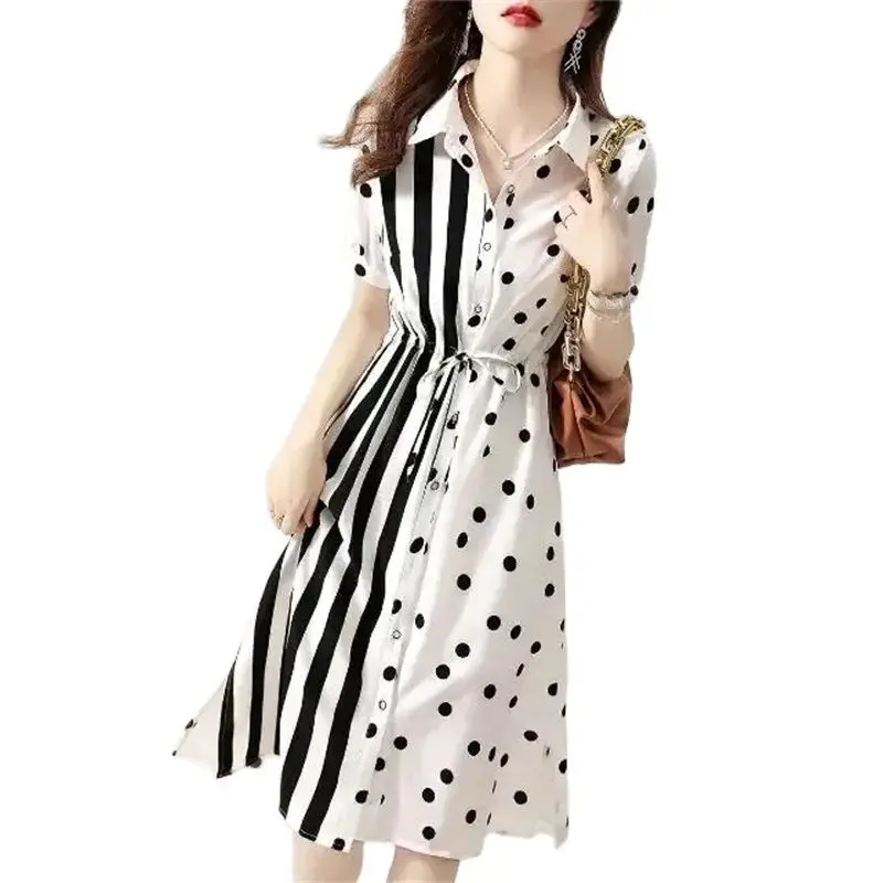 

Fashion Polka Dot Shirt Dress Female Loose Stripe Casual Vertical Sstripe Polo Neck Elegant Women Dress Sundress Long Shirt 2024