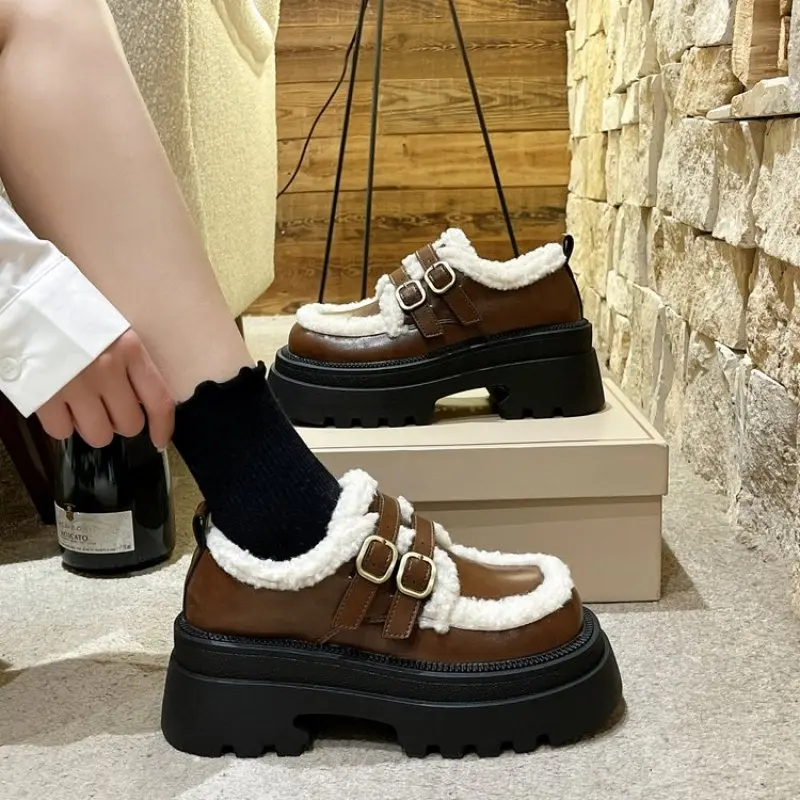 Ankle Flats Platform Fur Loafers Women Shoes Short Plush Warm Casual Boots 2024 Winter New Trend Fashion English Style comfort