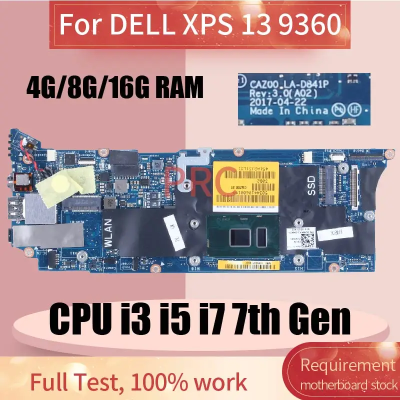 Placa-mãe Portátil para Dell Xps 13 Caz00 La-d841p Notebook Mainboard i3 i5 i7 7ª Geração Cn0vmmp2 0vmmp2 0823vw 823vw 823vw 9360