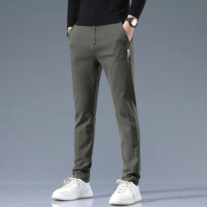 Spring Autumn Winter Casual Pants Men Thick Cotton Slim Fit Frosted