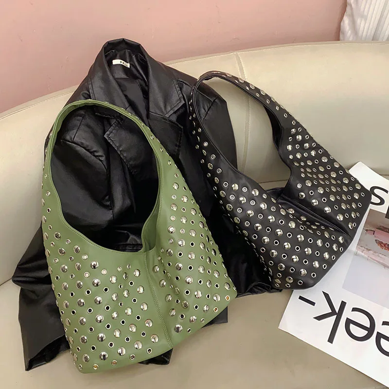 Large Capacity Bucket Fashion Rivet Casual Tote Bag Women's Handbag Female Cool High Quality Shoulder Underarm Bag