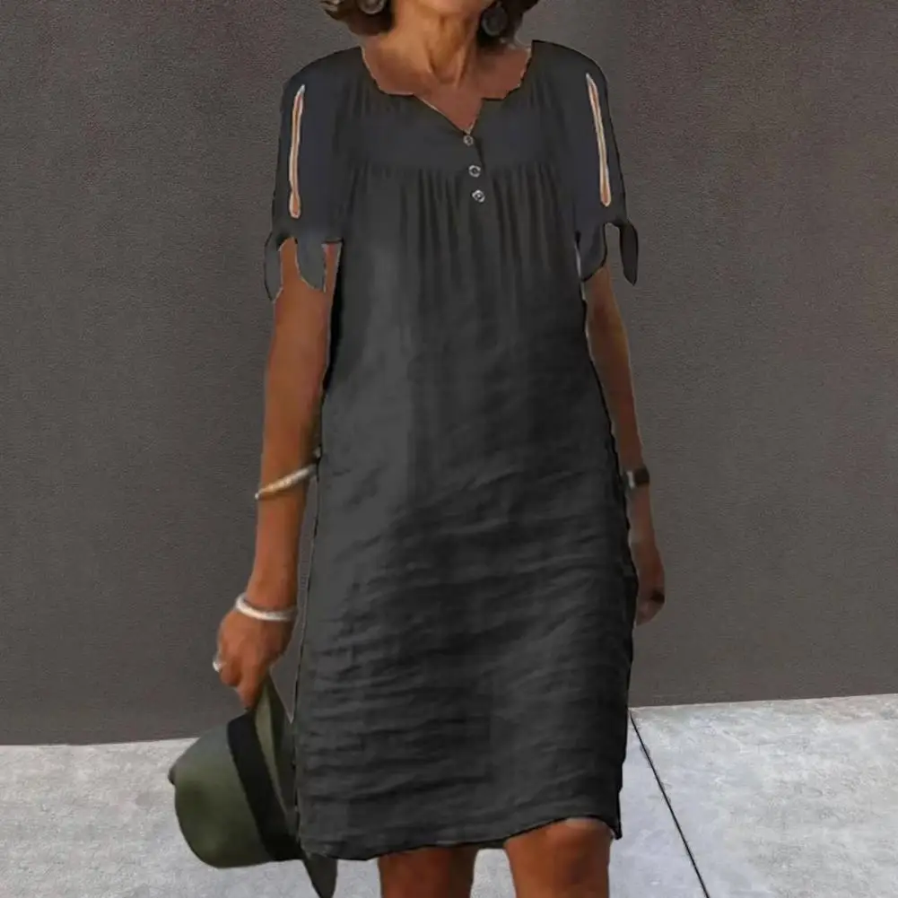 

Женское платье-мини на пуговицах, однотонное свободное платье в уличном стиле с V-образным вырезом и разрезом на рукавах с бантом, лето