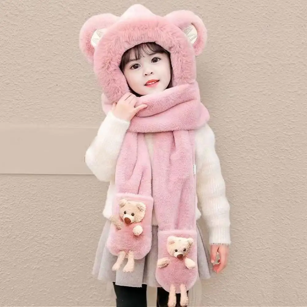 Kids Hat Neck Scarf Gloves Set 3 In 1 Cute Thickened Plush Ear Protection Hat Cartoon Bear Decor Boys Girls Holiday