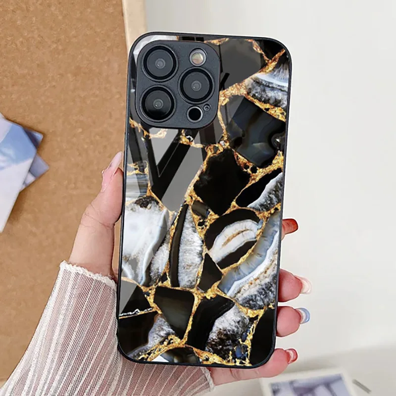 Tempered Glass Marble Stone Case For iPhone 11 Funda iPhone 16 17
