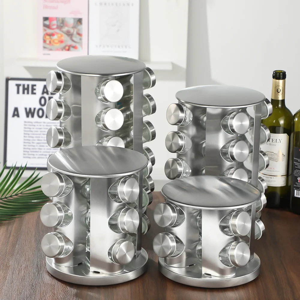 Rotating Tray Spice Rack with Round Bottle Stainless Steel Kitchen Organizer Pantry Cabinet For Seasoning Storage