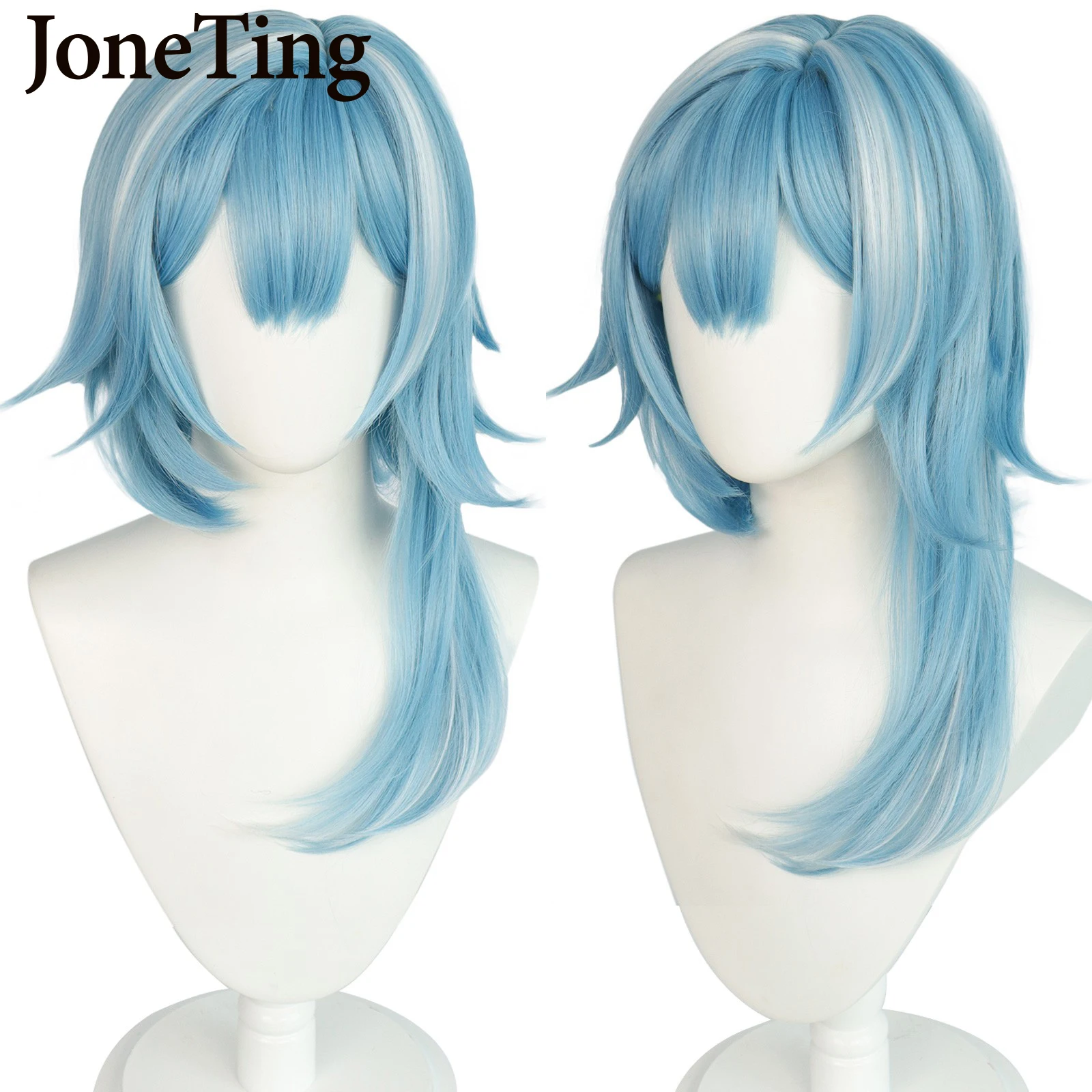 JT Synthetic Eula Cosplay Wigs Game Genshin Impact Long Light Blue Wavy Hair with Bangs Heat Resistant Fiber Wig Machine Made